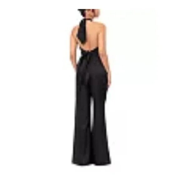 268$ AQUA Halter Neck Wide Leg Satin One Piece Jumpsuit Women's Size 6 Black - Picture 2 of 2